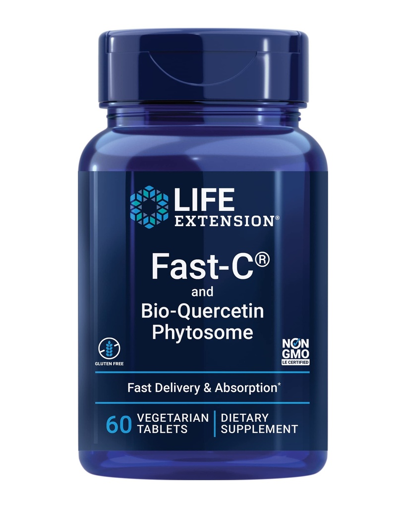 Extension de vie Fast-C® et Bio-Quercetin®, Livraison et absorption rapides, Vitamine C, Fenugreek, Immune Support, Magnésium, Sans gluten, Non-OGM, Végétarien, 60 comprimés