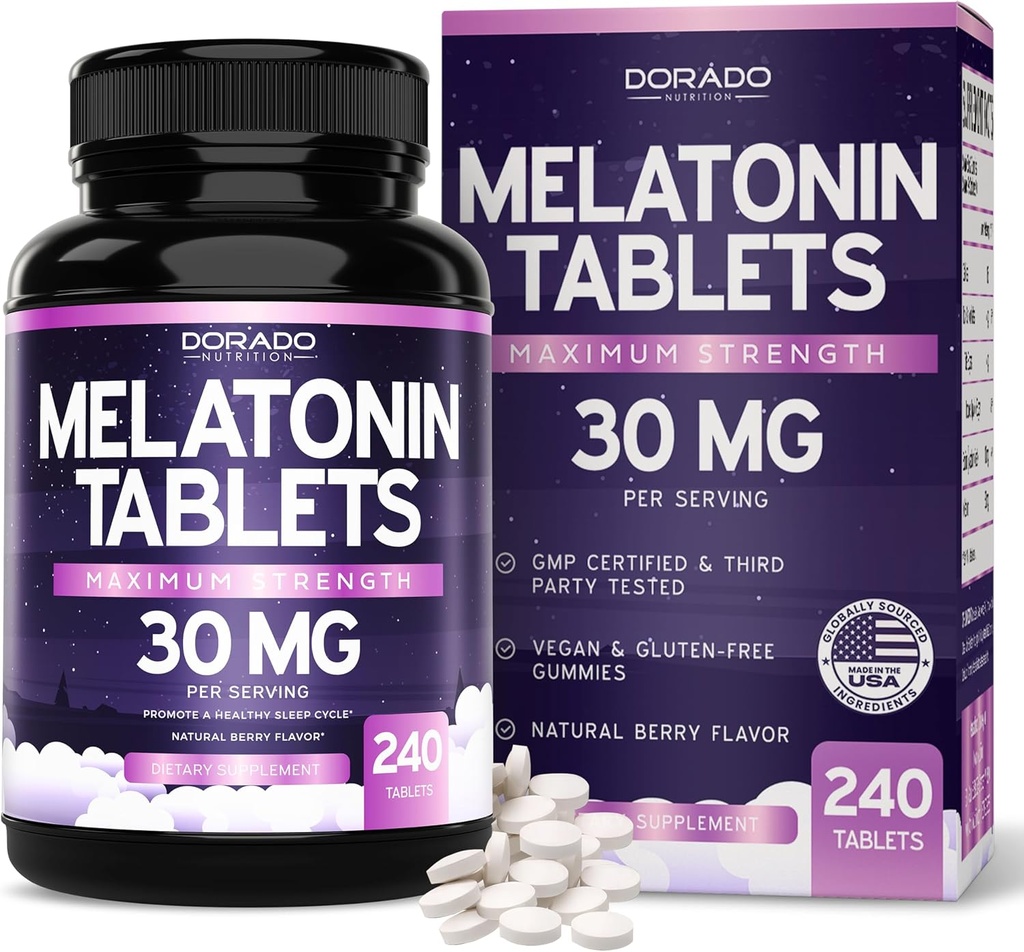 Mélatonine 30mg Comprimés pour adultes (240 comprimés) - Comprimé dissolvant rapide avec 30mg de mélatonine par comprimé - Sans gluten, sans OGM, 100% végétarien, et grande dégustation - Mélange de saveur de baies - Fabriqué aux États-Unis
