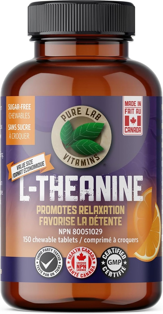 Vitamines pures de laboratoire - L-Theanine 125mg, 150 comprimés à croquer - Supplément L-Theanine pour favoriser la relaxation, le soutien du sommeil, le soutien de l'humeur, la mémoire cérébrale et le supplément Focus - Améliore la qualité du sommeil