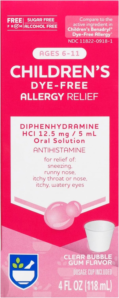 Rite Aid Kinder Allergy Relief, Diphenhydramine HCI, Bubble Gum Flavor, 12.5 mg - 4 oz | Antihistamin | Kinder Allergy Medicine | Allergiemedikation | Allergie Pillen | Kinder Allergy Medicine
