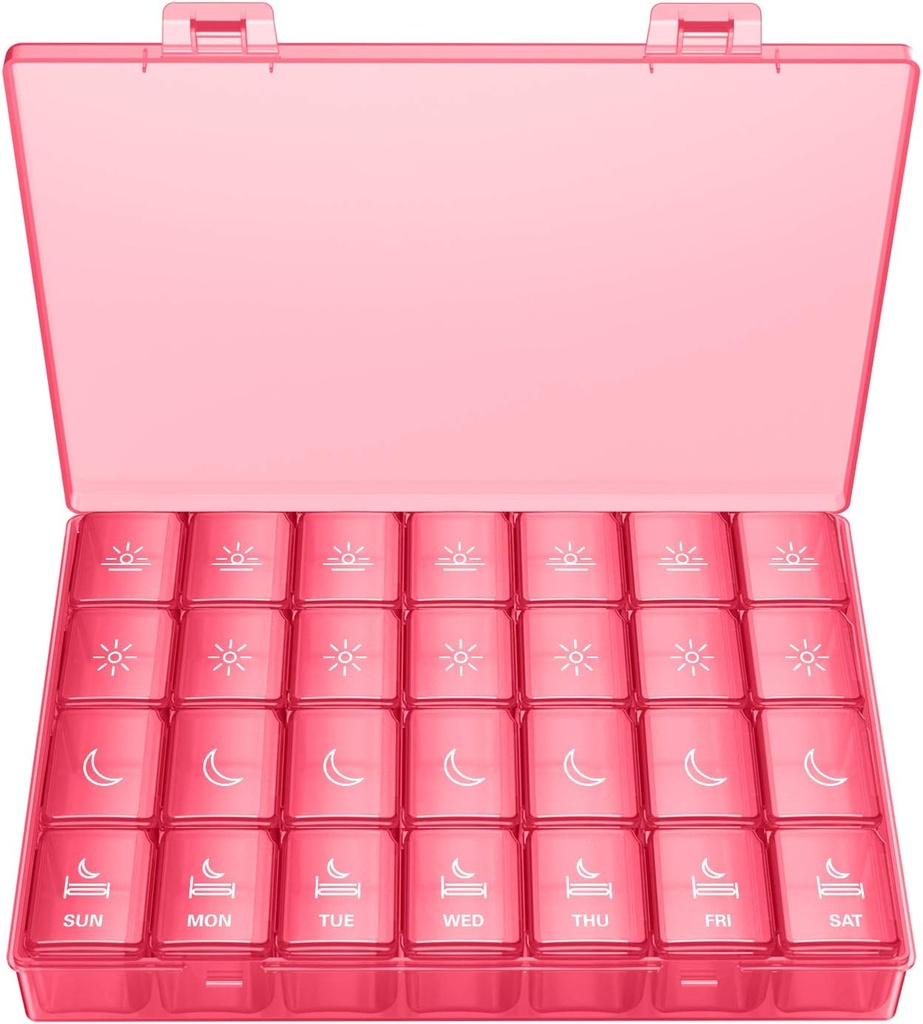 XL Pill Organizer 4 fois par jour, BUG HULL Extra Large Weekly Pill Box Case, 7 jours conteneur de vitamines Pill Holder quotidien pour l'huile de cuivre, vitamines, suppléments