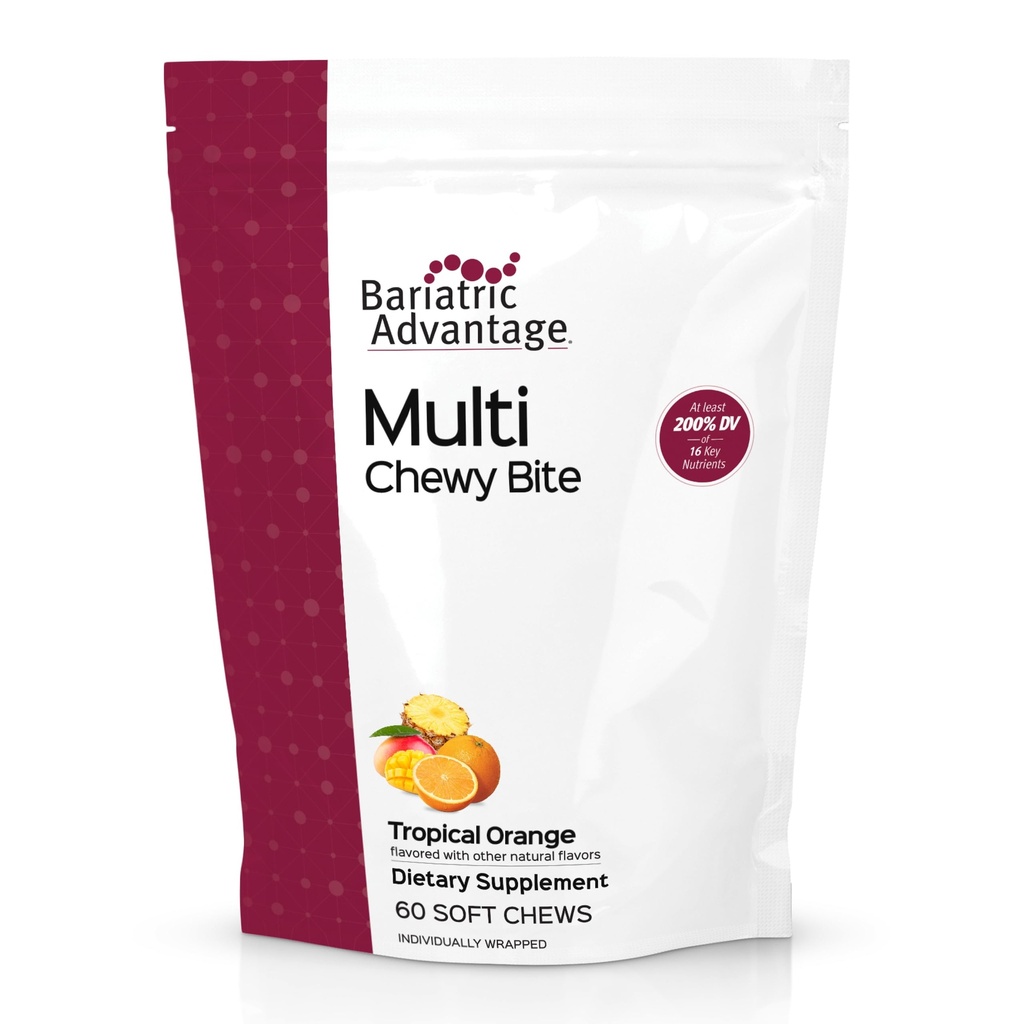Avantage bariatrique Multi-Chewy Bite - Multivitamine molle pour les patients de chirurgie bariatrique - Multivitamine à chimio avec acide folique, vitamine D3 et plus - Arôme orange tropical - 60 Compte