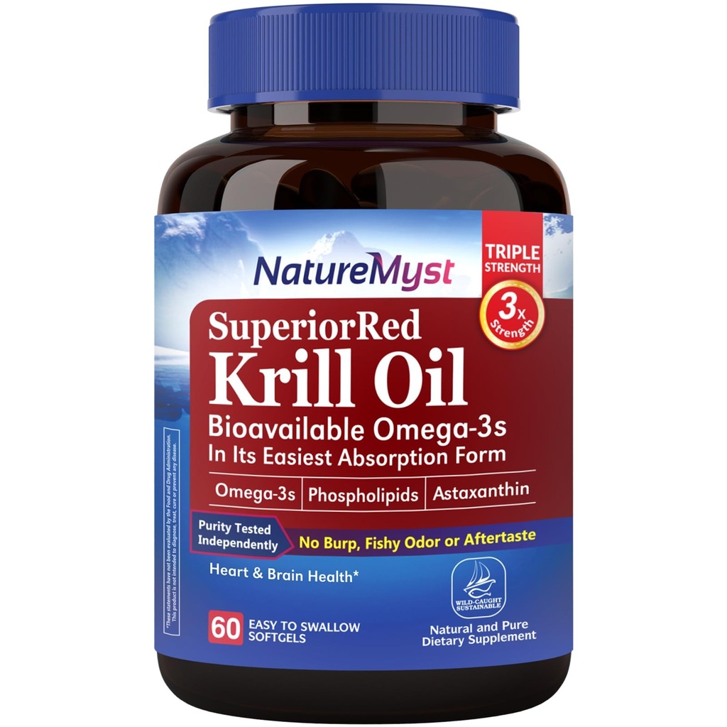 Krill Oil 1000 mg Softgels, Krill Oil Omega-3s, EPA, DHA, Astaxanthin & Phospholipides, 60 Compte (paquet de 1), Non-OGM, Pas de gluten, Fabriqué aux États-Unis