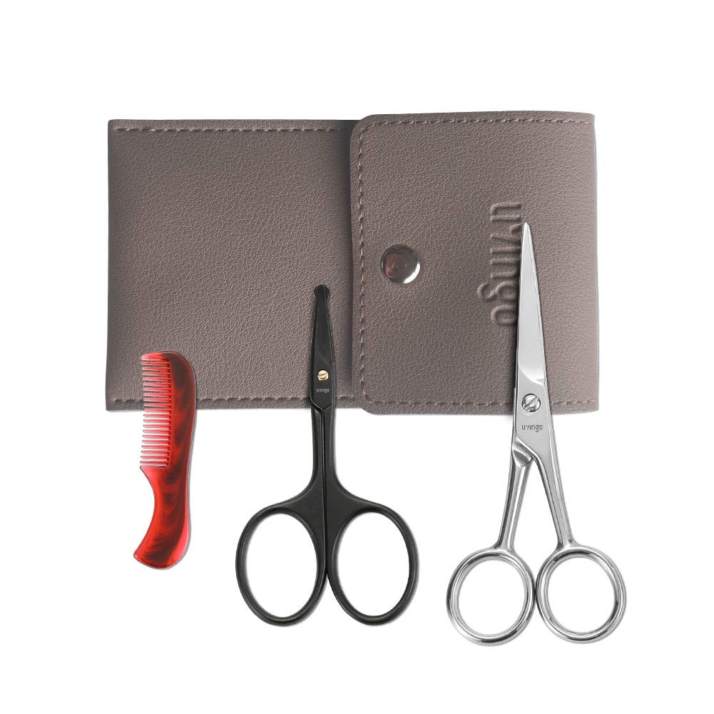 LIVINGO 4,5 pouces Ciseaux de barbe et de moustache pour hommes, Conseil arrondi professionnel Sécurité Sharp Acier inoxydable Petite beauté Nez faciale Trimming de cheveux Kit avec mini peigne et boîtier en cuir