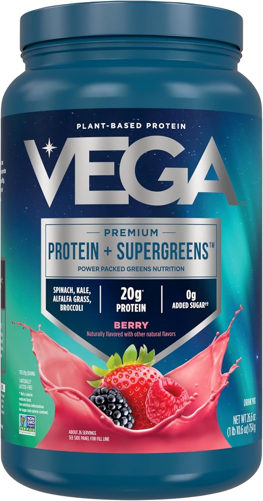 Vega Protein + Supergreens - 20g Plant-Based Protein, Berry, 26 Servings, Real Greens & Veggies, Vegan Keto, 0g Added Sugar, Non-GMO, Gluten Free, Dairy Free, 1.7lbs (Packaging May Vary)