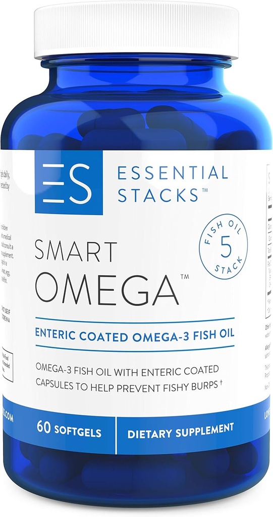 Essential Stacks Smart Omega 3 - Burpless Fish Oil - 1400mg EPA DHA Per Servieren, Enteric Coated (60 Kapseln)