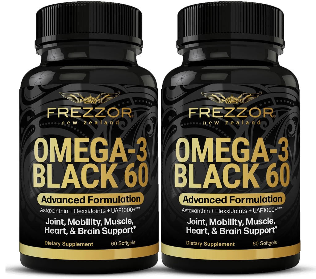 FREZZOR Omega 3 Schwarz für Joint Care & Comfort - Neuseeland Green Lipped Mussel Öl Kapseln; 53x Höhere Potenz mit UAF1000+ Super Antioxidant, kein Fishy Nachgeschmack, 60 Count (Pack von 2)