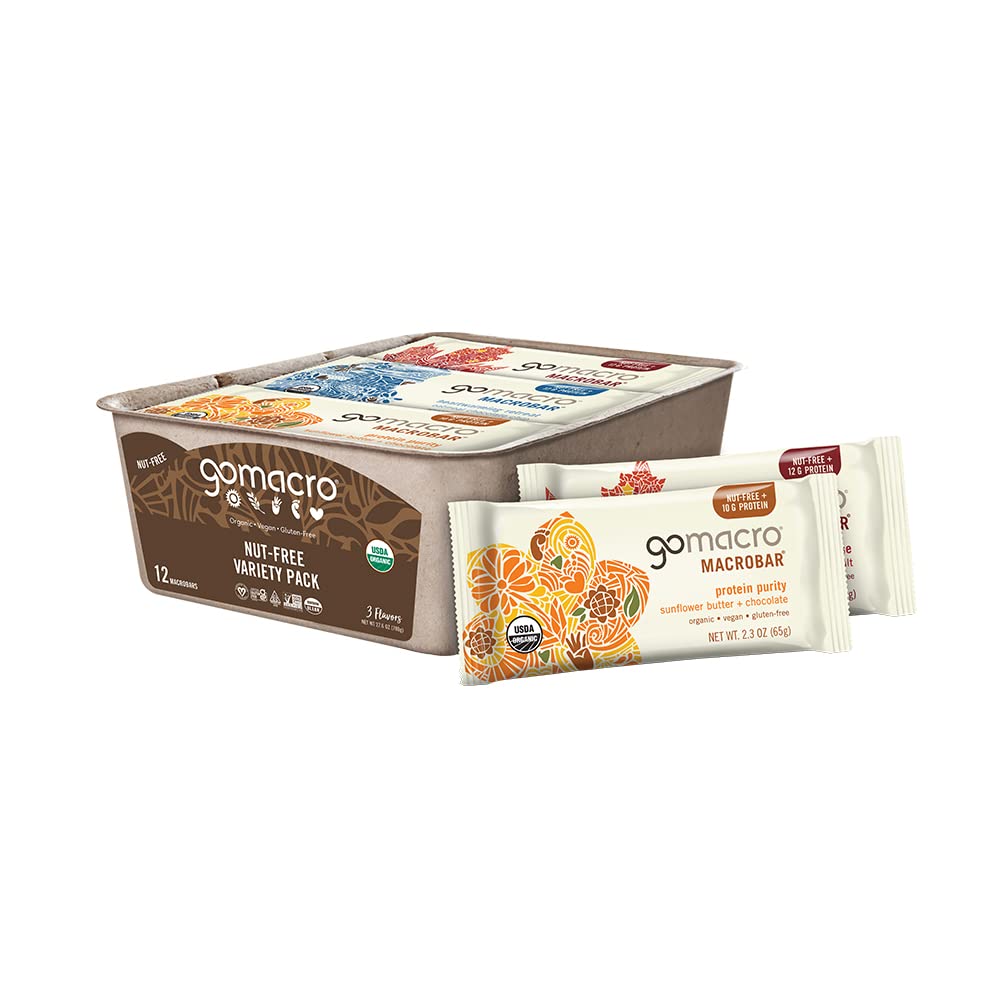 GoMacro MacroBar Barres de protéines végétales biologiques, pack de variétés sans noix, 2,3 Oz, 12 Compte