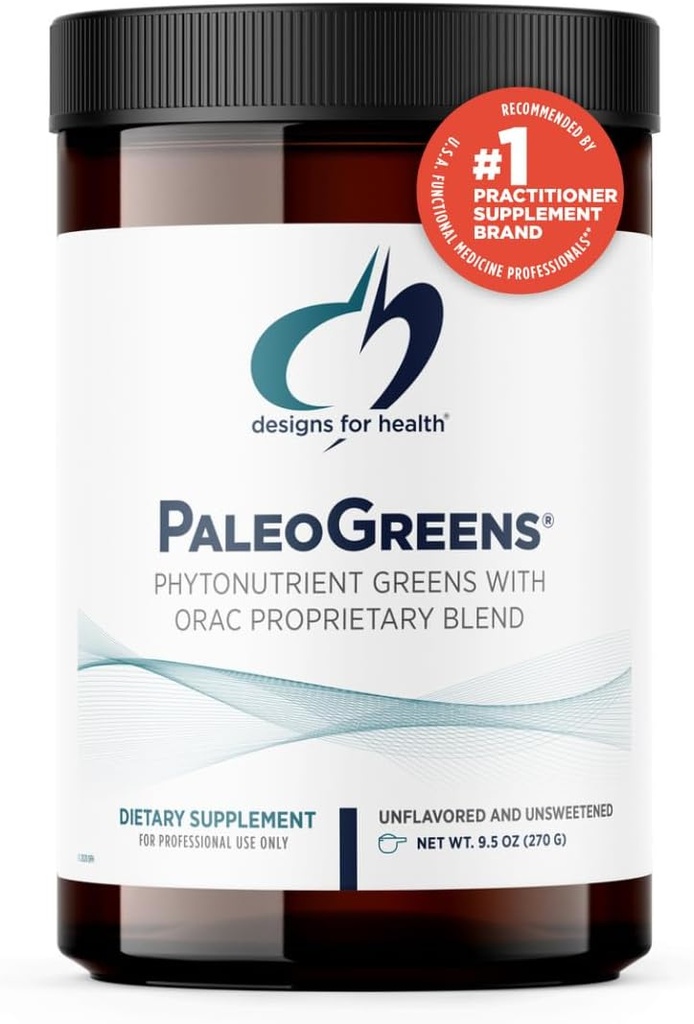 Designs for Health PaleoGreens - Plus de 90% de poudre de Shake vert super biologique avec légumes, baies, enzymes + antioxydants - Non-OGM Mélange à boire, Non aromatisé + non sucré (30 portions / 270g)