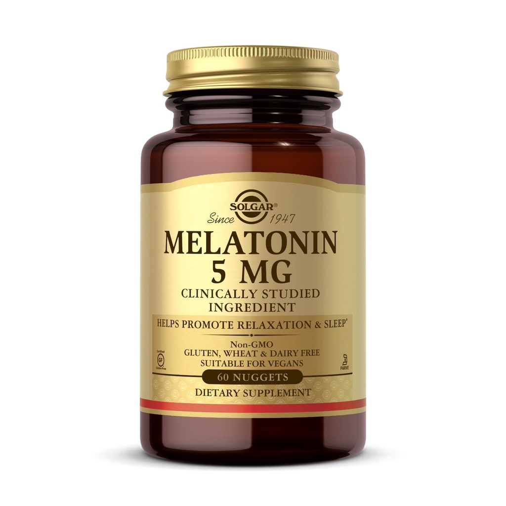 Solgar Melatonine 5 mg, 60 Nuggets - Aide à promouvoir la détente et le repos - Mélatonine cliniquement étudiée - Vegan, sans gluten, sans lait, sans casher - 60 portions