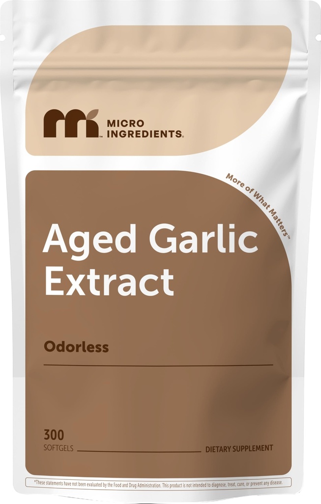 Micro-ingrédients Sans odorat Ail 7500mg par portion, 300 Softgels (300 Softgels) Extrait d'ail vieilli de 2 ans, Bulbe Sativam Grown Allium