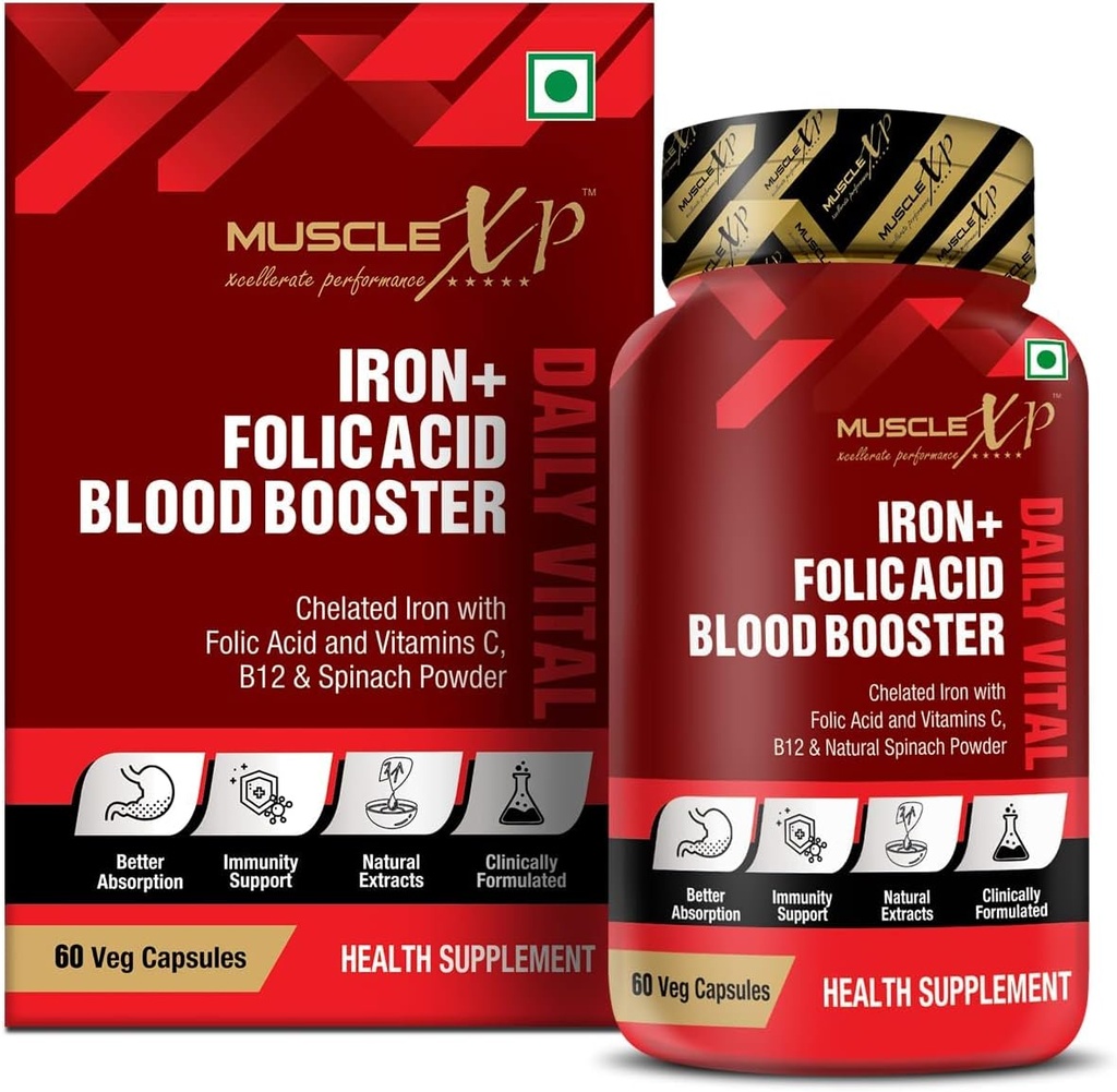 Eisen-Folsäure-Booster Täglich Vital, Chelat Eisen mit Folsäure & Vitamin C, B12 & Natürliche Spinat Pulver, 60 Veg Kapseln