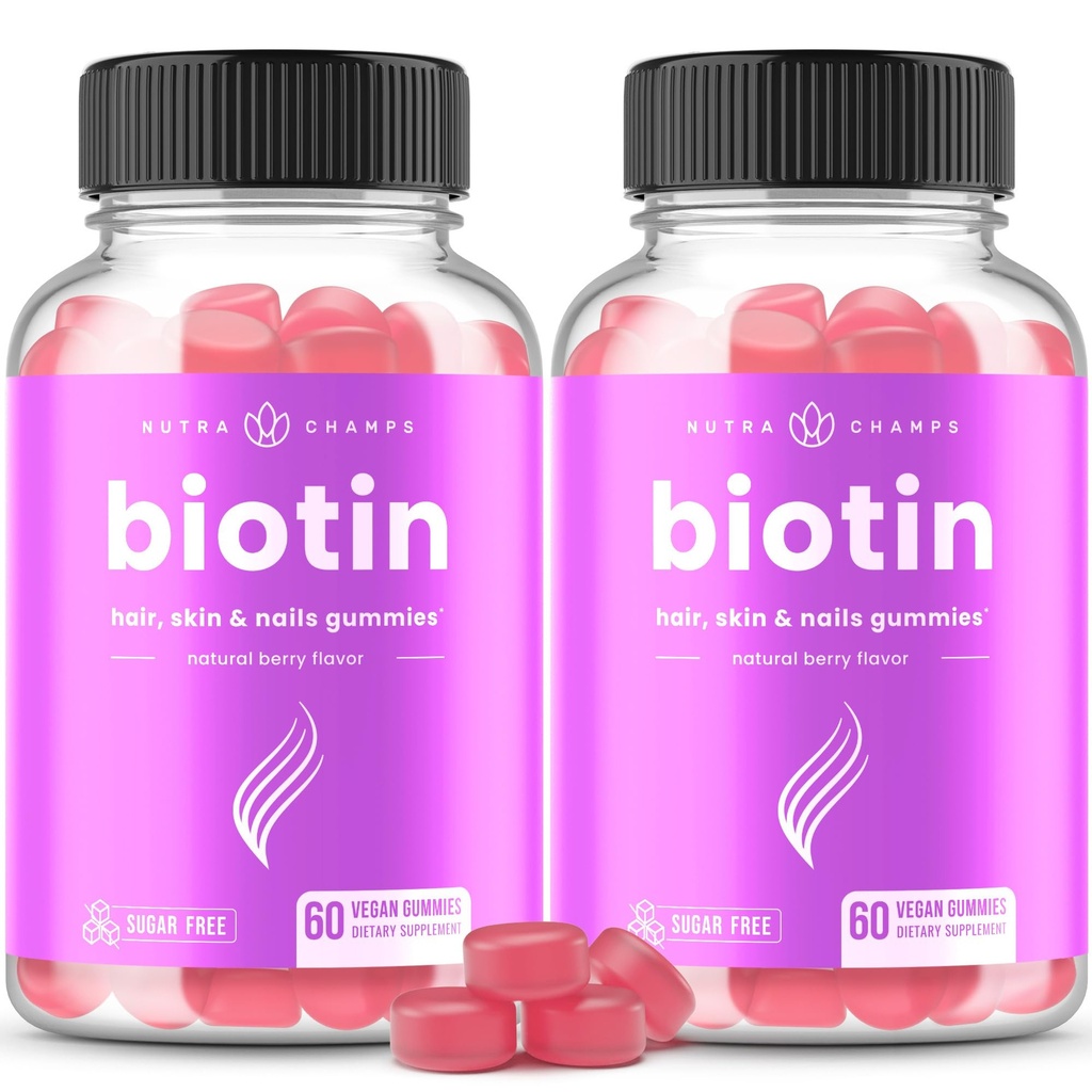 NutraChamps sans sucre Gommies de biotine 10000mcg [haute puissance] - Cheveux, peau et ongles sains pour les femmes, les hommes et les enfants - 5000mcg dans chaque Gummy - Vitamines de santé végane - Framboise (2-Pack)