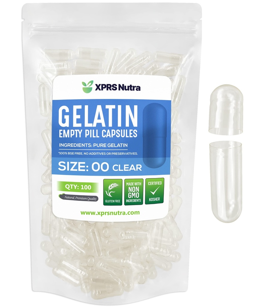 XPRS Nutra Taille 00 Capsules vides - 100 Compter Effacer Capsules de gélatine vide - Pills Bricolage Capsule Remplissage - Gel de pilules rechargeables pour Do-It-Youlf Suppléments