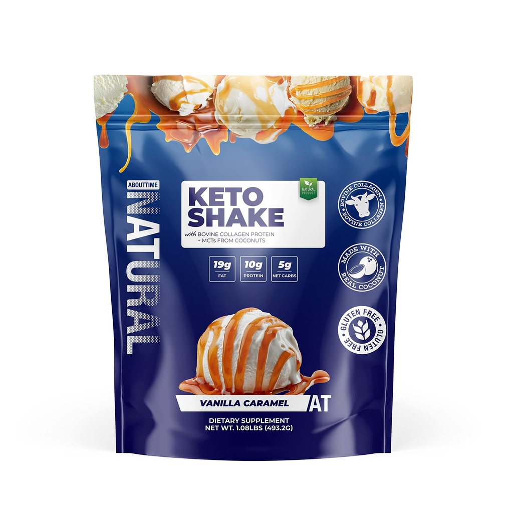 Über Time Keto Shake mit Bovine Collagen Protein + MCT aus Coconuts - 19g Fat, 10g Protein, 5g Net Carbs - Vanilla Caramel, 1lb