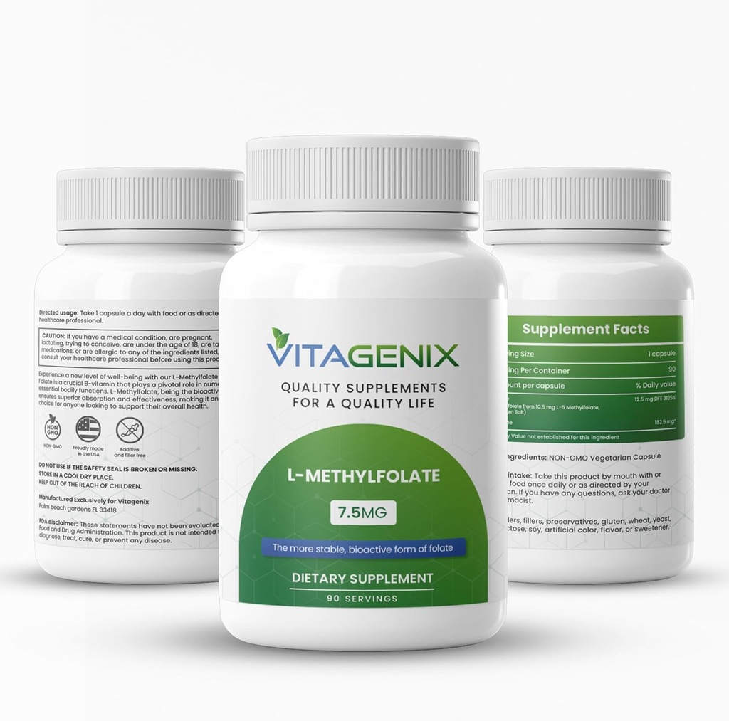 L-méthylfolate - Supplément optimisé et hautement bioactif pour le traitement de l'humeur et de l'immunité - Forme active 5-MTHF - 1mg - Capsules (7,5 Mg)