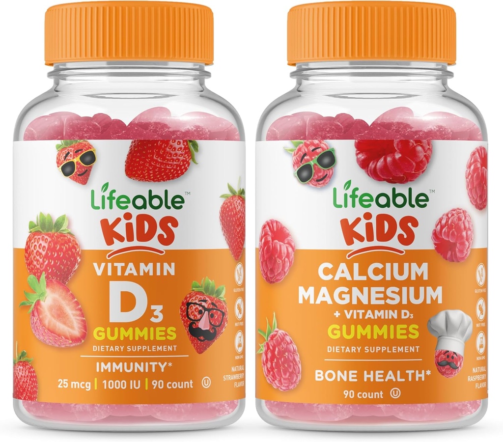 Lebensfähiges Vitamin D Kinder + Calcium Magnesium Kids, Gummie Bundle - Große Verkostung, Vitamin-Ergänzung, Glutenfrei, GVOfrei, Kaugummi