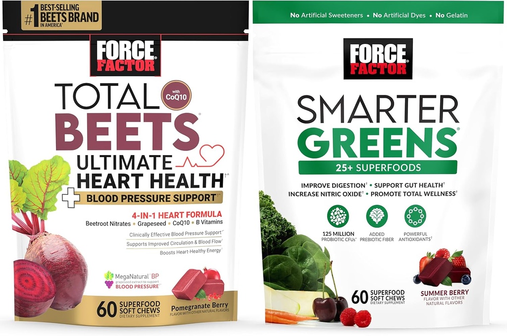 Bundle of Force Factor Total Beets Ultimate Heart Health Blutdruck Unterstützung Chews mit CoQ10, 60 Soft Chews + Smarter Greens Superfood Chews, um Verdauung zu unterstützen, 60 Soft Chews