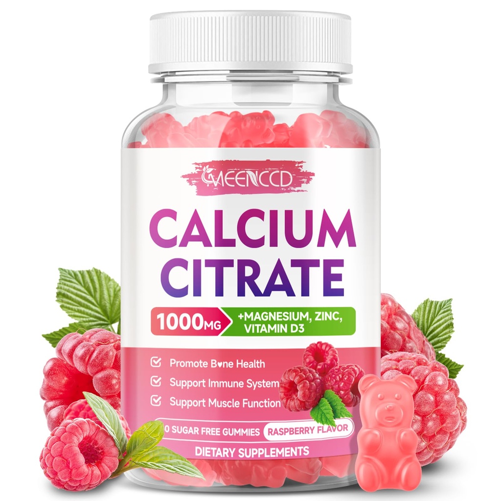 Calciumcitrat-Gummien 1000mg w/Vitamin D3, hohe Absorption Kalzium-Ergänzung für Damen und Herren, Plus Magnesium, Kalium, Zink für Muskel und Immun, Zuckerfrei, Himbeer Geschmack, 60 Zähler