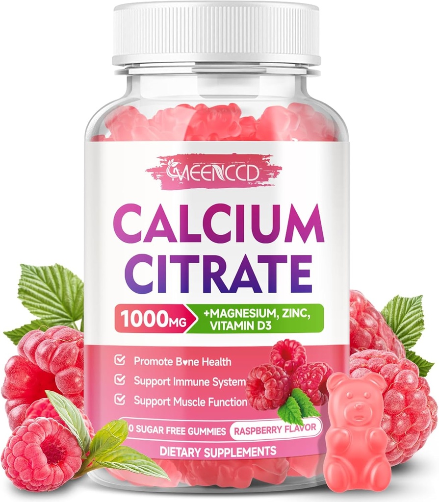 Calciumcitrat-Gummien 1000mg w/Vitamin D3, hohe Absorption Kalzium-Ergänzung für Damen und Herren, Plus Magnesium, Kalium, Zink für Muskel und Immun, Zuckerfrei, Himbeer Geschmack, 60 Zähler