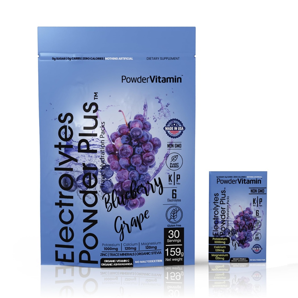 PoudreVitamine Electrolytes Poudre Plus, Keto, Raisin de bleuet, Zéro sucre, 1000mg Potassium, 120mg Calcium, 120mg Magnésium, Non-OGM, Zéro Calories, 30 Packets d'hydratation
