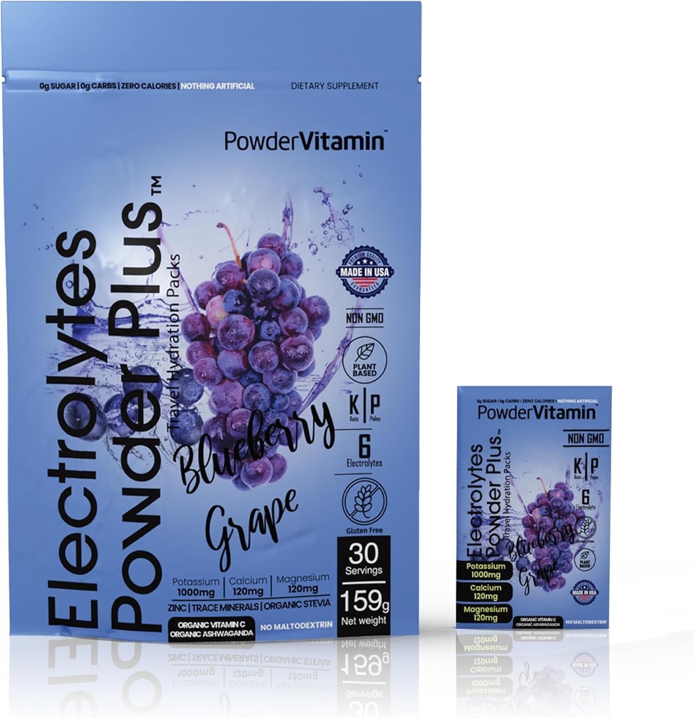 PoudreVitamine Electrolytes Poudre Plus, Keto, Raisin de bleuet, Zéro sucre, 1000mg Potassium, 120mg Calcium, 120mg Magnésium, Non-OGM, Zéro Calories, 30 Packets d'hydratation