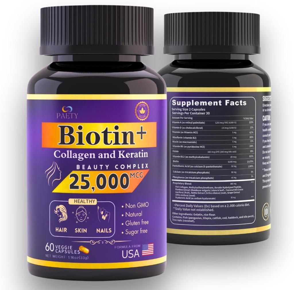 Revitaliser votre beauté ! Biotine, Collagène et Complexe de kératine – 25 000 mcg avec acide hyaluronique et vitamines B – Test clinique pour cheveux louches, peau radiante, ongles forts – 60 capsules