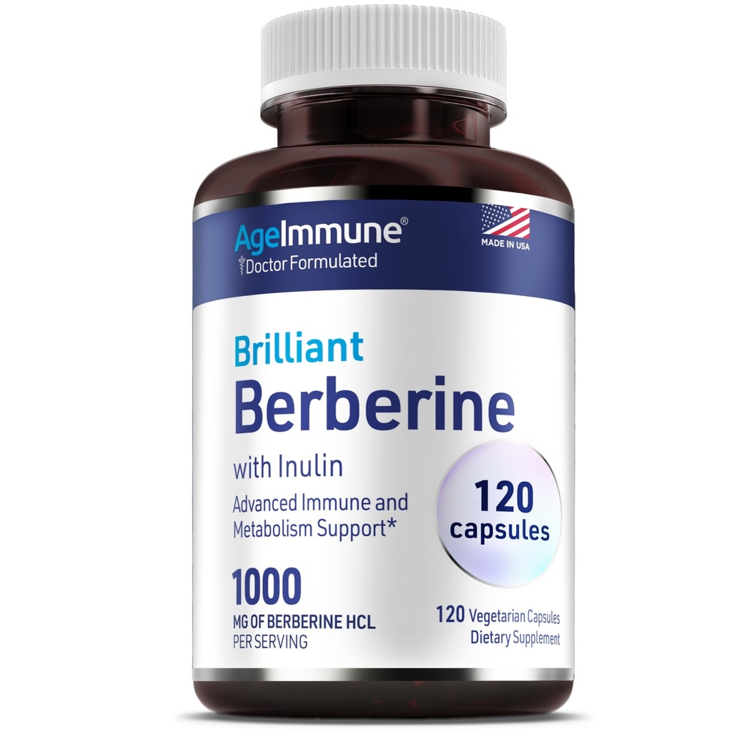 AgeImmune Berberine 1000mg Complexe de Supplément avec Inuline Prébiotique - Chaque Capsule contient de la Berberine 500mg - Doctor Formulé Suppléments pour Haute Absorption.