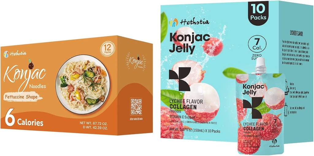 Hethstia Konjac Jelly Lychee Flavor avec collagène Peptides 10 Packs et Konjac Fettuccine Sans gluten 12 Packs Basse calories, Keto, Sans sucre, Aliments sains