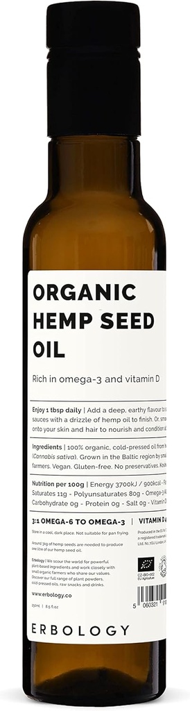 Erbologie Bio Hanf Seed Oil 8,5 fl oz - Kalt-Pressed - Reich an Omega-3 - Quelle von Vitamin D - direkt von der Farm - Non-GMO - Keine Zusatzstoffe oder Konservierungsstoffe - recycelbare Glasflasche