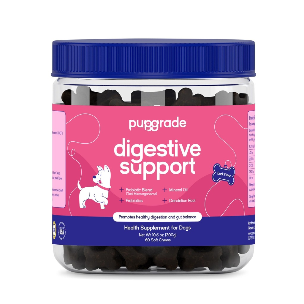 Soutien digestif pupGrade pour chiens - Supplément prébiotique et probiotique avec mélange d'enzymes - Stomach, Diarrhée, Bowel et Immune support - citrouille, bleuets, huile minérale - 60 Chews doux