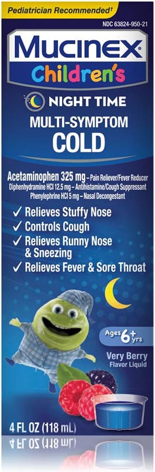 Cold, Cough, and Fever, Mucinex enfants multi-symptôme, la nuit liquide froid, baie mixte, 4oz, réduit la fièvre, contrôle la toux, soulage le nez étouffant