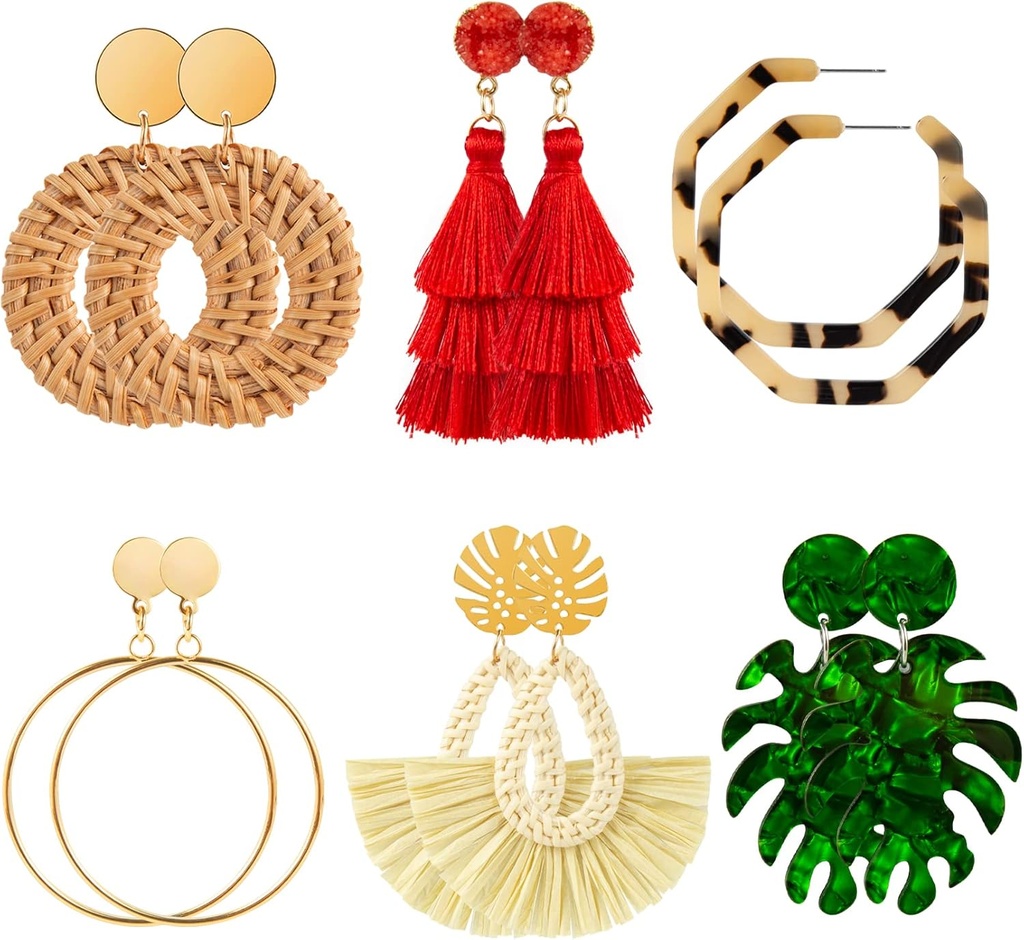 Ponpon 6-18 Paar Ohrringe für Frauen, Leichte Sommer Ohrringe Straw Ohrringe Mode geometrische Aussage Hoop Dangle Drop Ohrringe für Frauen