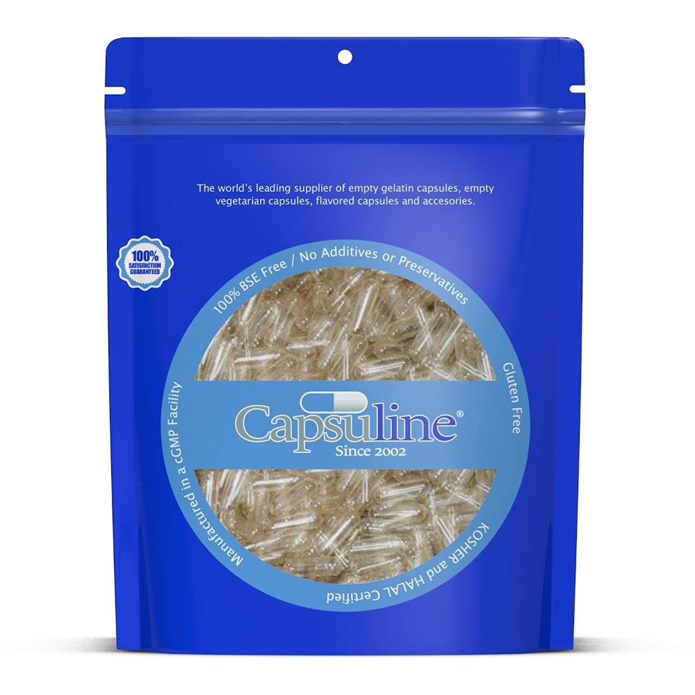 Capsuline Größe 00 - Klare leere Gelatine Kapseln - Leere Gel Pillen Kapseln - DIY reine Bovine Pille Füllung - Leere Kappen - Kosher, Glutenfrei, Halal und Non-GMO (500 Zähler, Klar)