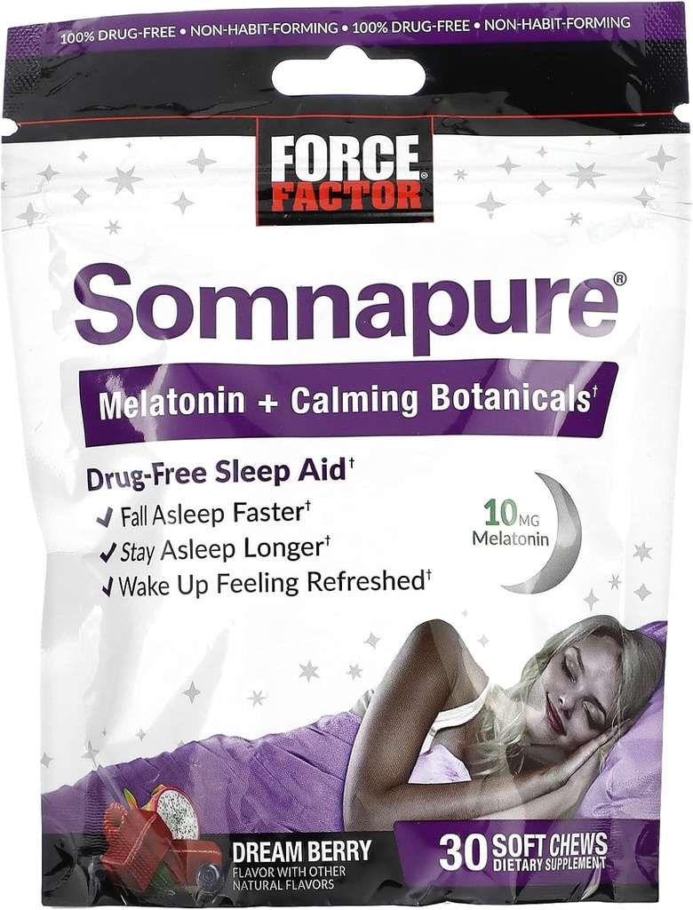 FORCE FACTOR Somnapure Soft Chews mit 10mg Melatonin, L-Theanin, Kamille, Zitronenbalsam, Traumbeeren Flavor, 30 Soft Chews