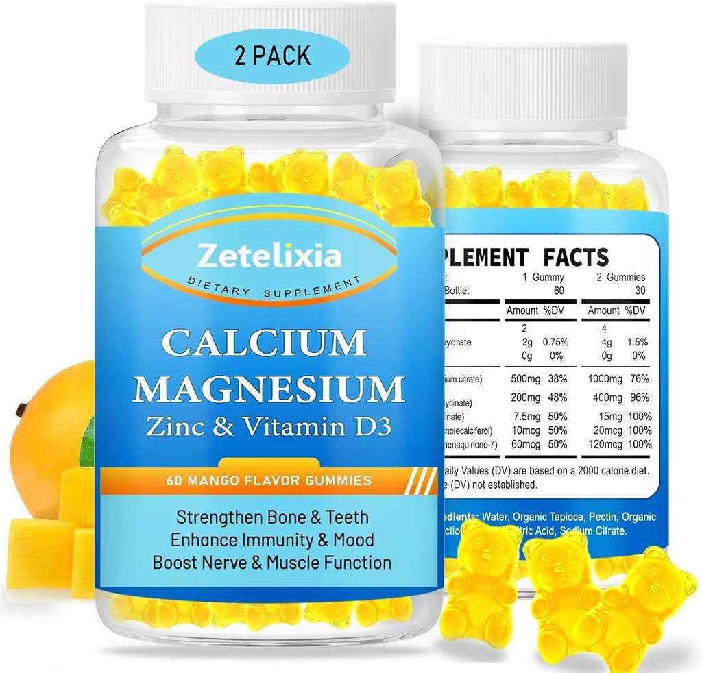 Calcium-Magnesium Zink-Gummien für Erwachsene & Kinder, 1000mg Zucker kostenlose Calcium-Zitrat-Ergänzung, hohe Absorption Magnesium-Glycinat-Gummien mit Vitamin D3 & K2 - Knochen & Muskel & Immune Gesundheit (2 Packung)