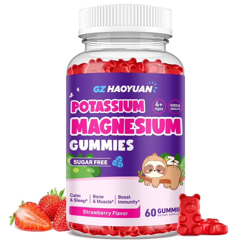 Magnesiumgummis für Kinder - Magnesium Glycinate Gummis mit Vitamin D3, B6, Kalium & Ashwagandha, Magnesium für Kinder & Erwachsene Erholung, Schlaf, Gehirn & Knochen Gesundheit - Vegan Erdbeere 60ct