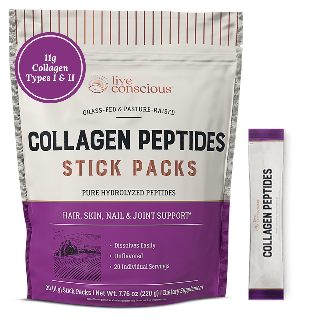 Live Conscious Collagen Peptides Pulver Unflavored Packets - hydrolysiertes Kollagenpulver - Haar, Haut, Nagel, & Joint Support - Typ I & III Grass-Fed Collagen Supplements für Damen und Herren - Pack von 20