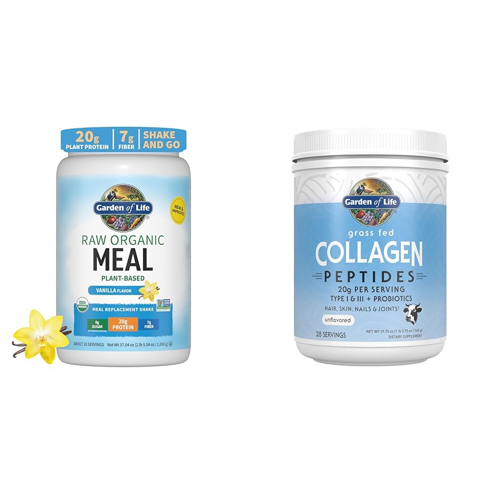Garden of Life Poudre de protéines végétaliennes - Raw Organic Meal Replacement Shakes - Vanille - Poudre de Pea Protein & Grass Collagen Peptides – Poudre de collagène non aromatisée pour les femmes Hommes Peau Nails