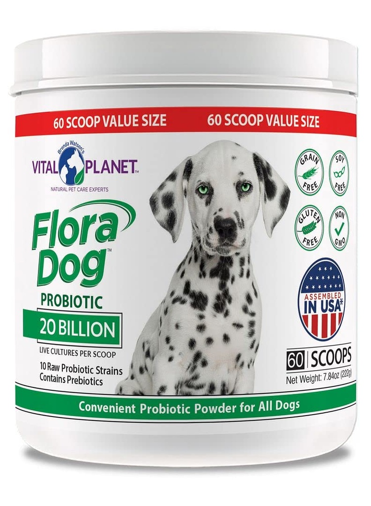 Vital Planet - Flora Dog Probiotic Powder Supplement mit 20 Billion Kulturen und 10 Strains, hohe Potenz Immun- und Verdauungsunterstützung Probiotika für Hunde, 7.84 Unze, 222 Grams, 60 Servietten