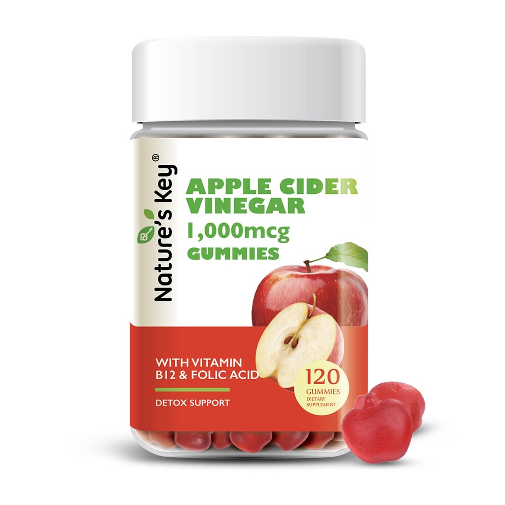 Nature's Key Apple Cider Essig-Gummi 120 Count ACV Gummy mit Folic Vitamin B6 B12 Beetroot & Pomegranate - Vegan, Non-GMO & Gluten-Free