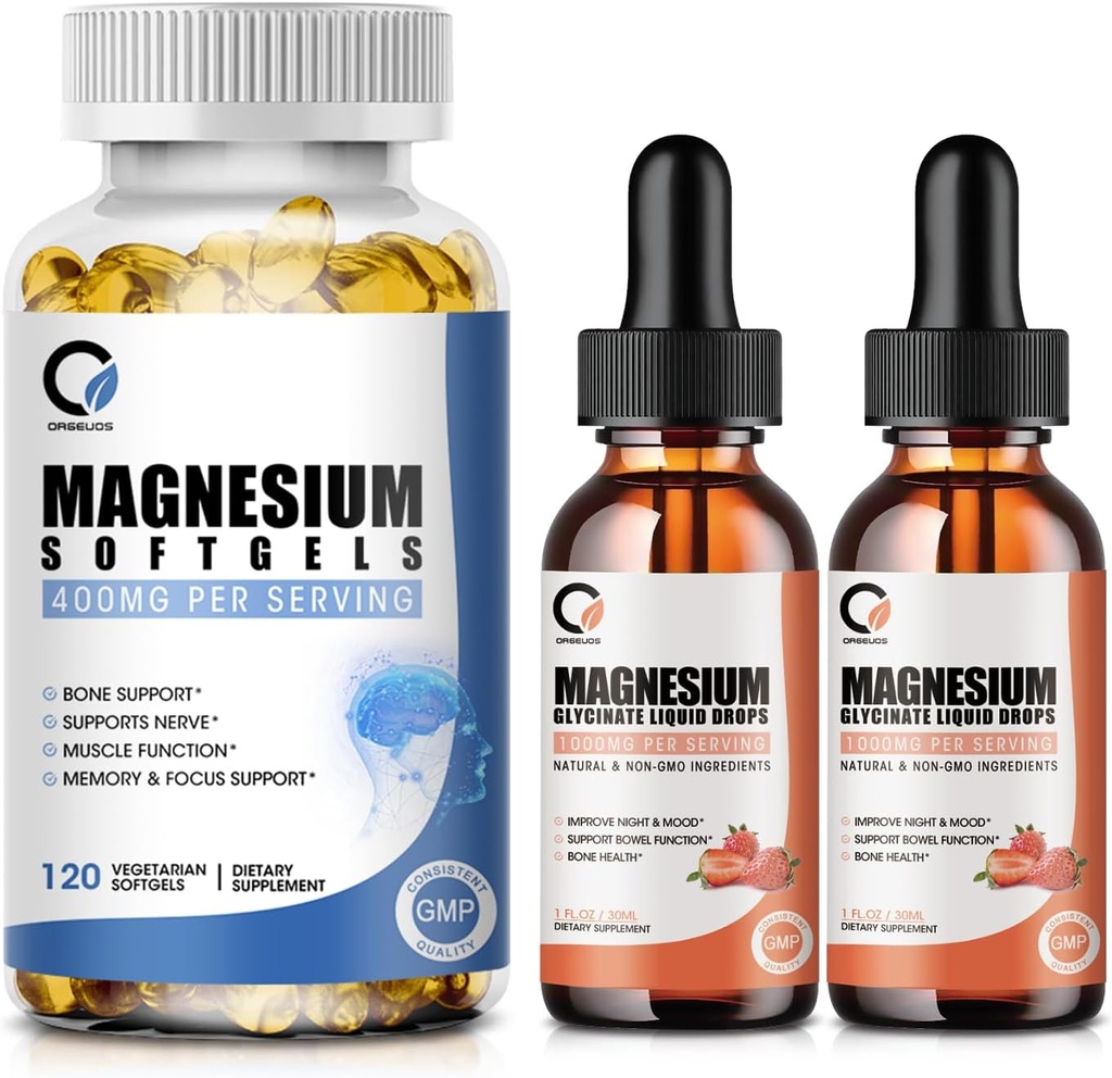 Magnesium Glycinate Drops & Magnesium Glycinate 400mg Softgels for Men & Women, Support Energy, Night, Muscle & Joint Function, Non-GMO, Vegan