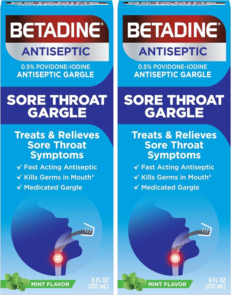 Bétadine Mal Gorge Relief Gargle, Mint Flavor, Antiseptique à action rapide, Povidone-Iodine 0,5%, 8 oz (paquet de 2)