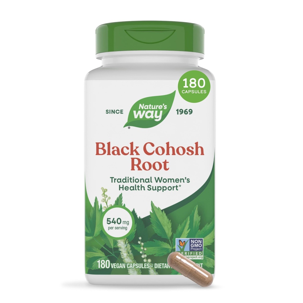 Nature's Way Black Cohosh Root, soutien traditionnel à la santé des femmes*, 540 mg par portion, projet non-OGM vérifié, 180 capsules