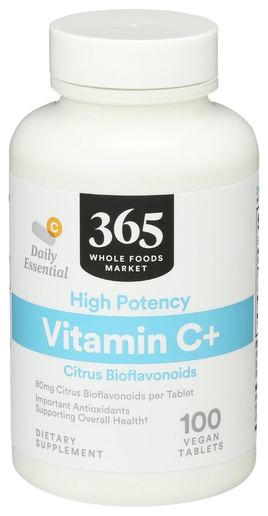 365 par Marché des aliments entiers, Vitamine C+ de haute puissance, 80mg Citrus Bioflavonoïdes, végétalien, 100 comprimés