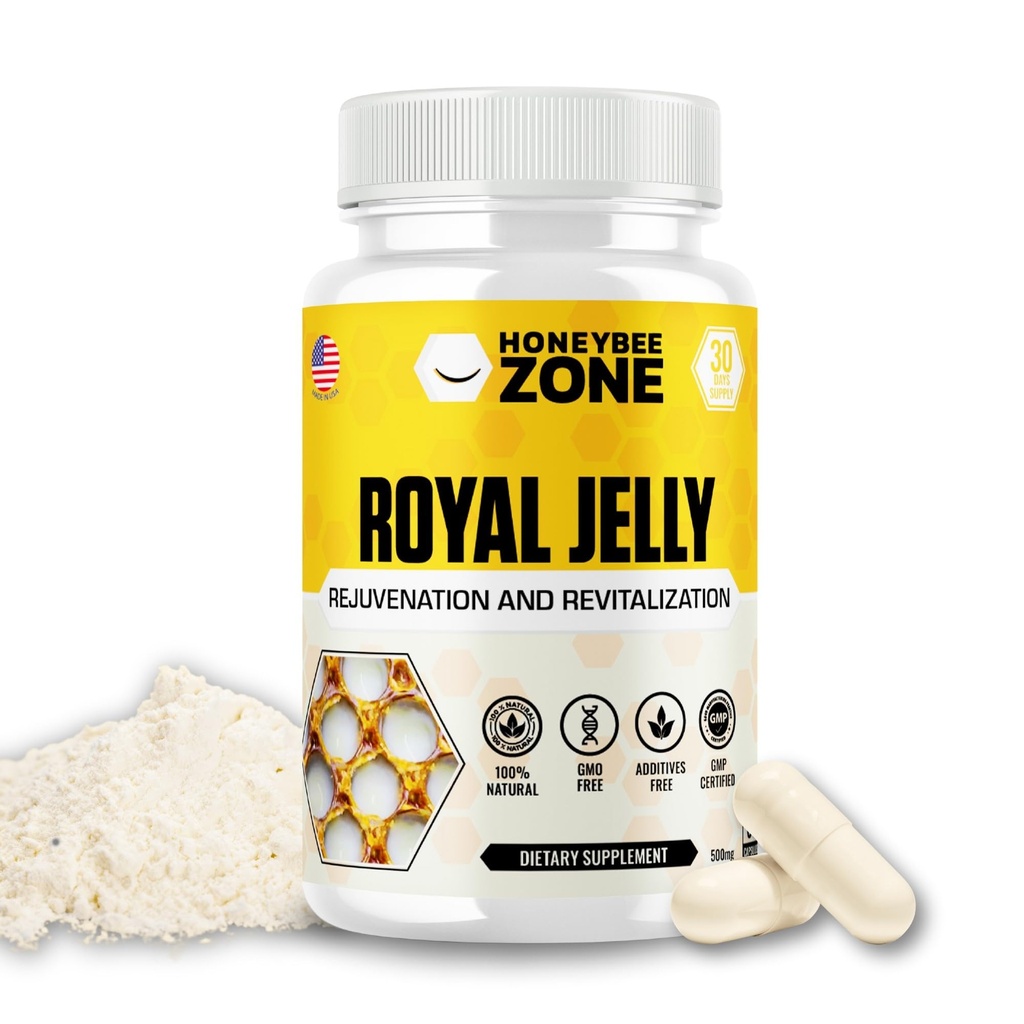 Royal Jelly Capsules – 500 mg Energy, Glowing Skin und Brain Booster Supplement | Non-GMO, Glutenfrei, 60 Easy-to-Swallow Veggie Capsules