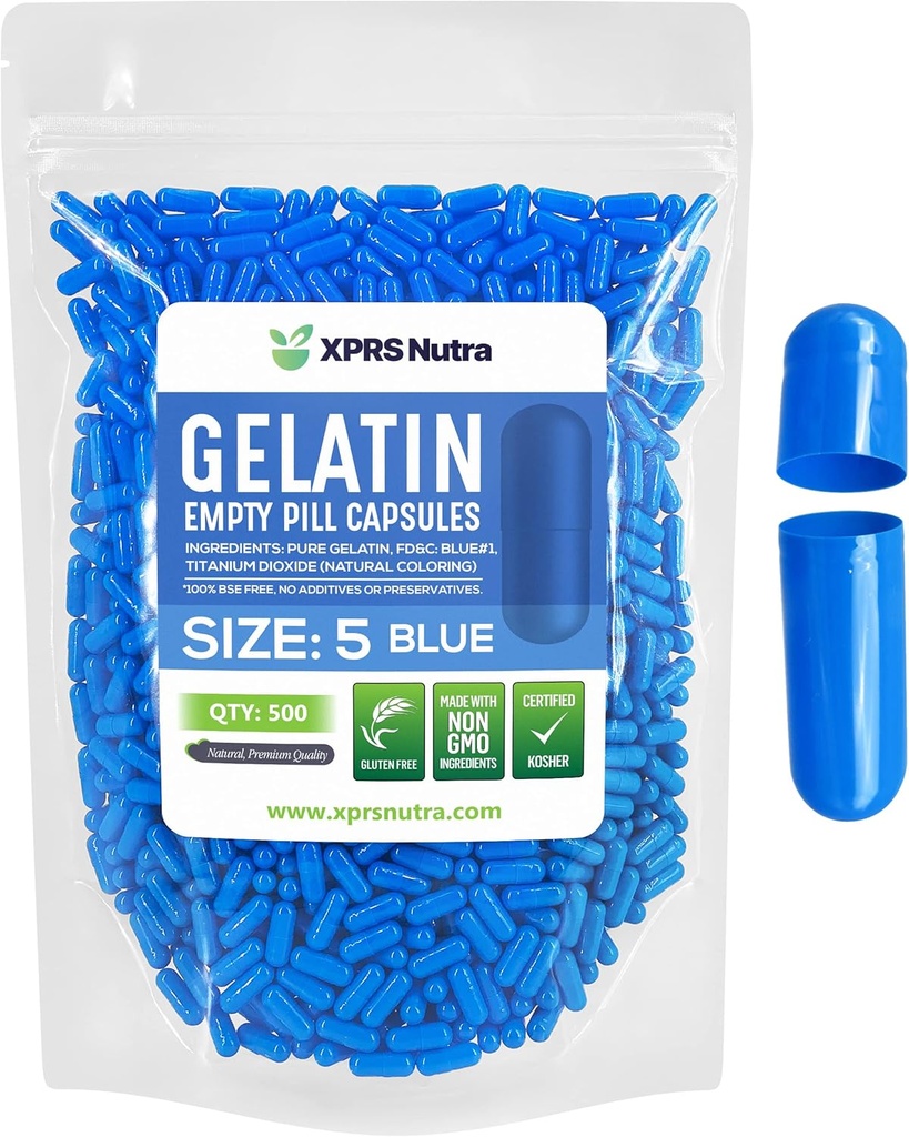 XPRS Nutra Taille 5 Capsules vides - 500 Compter Capsules de gélatine vides très petites - Pills Bricolage Capsule Remplissage - Gel de pilules rechargeables pour Do-It-Youlf Suppléments de vitamines (Blue)