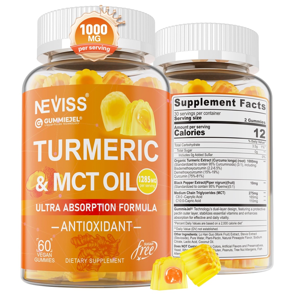 Kurkuma-Gummien 1000mg w/MCT Öl C8 C10, Organische Antioxidationsmittel, Kurkuma-Ergänzung mit schwarzem Pfefferextrakt, Support Comfort, Boost Energy, Ultra Absorption, Zuckerfrei, 60 Cts