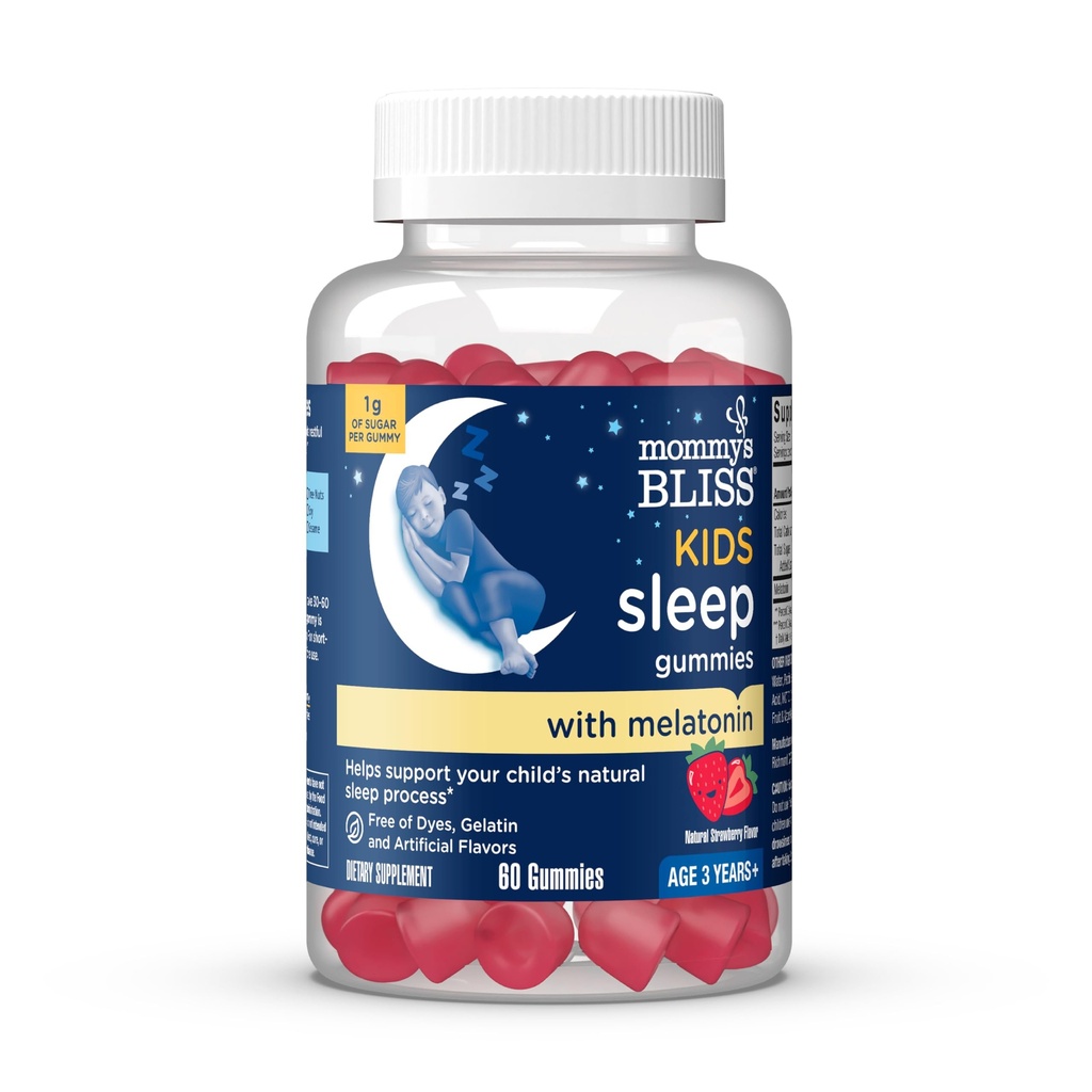 Mami's Bliss Kinder schlafen Melatonin Gummis, keine künstlichen Farben, Flavors oder Gelatin, Erdbeer Flavor Kinder Melatonin Gummies, Alter 3+, 60 Graf