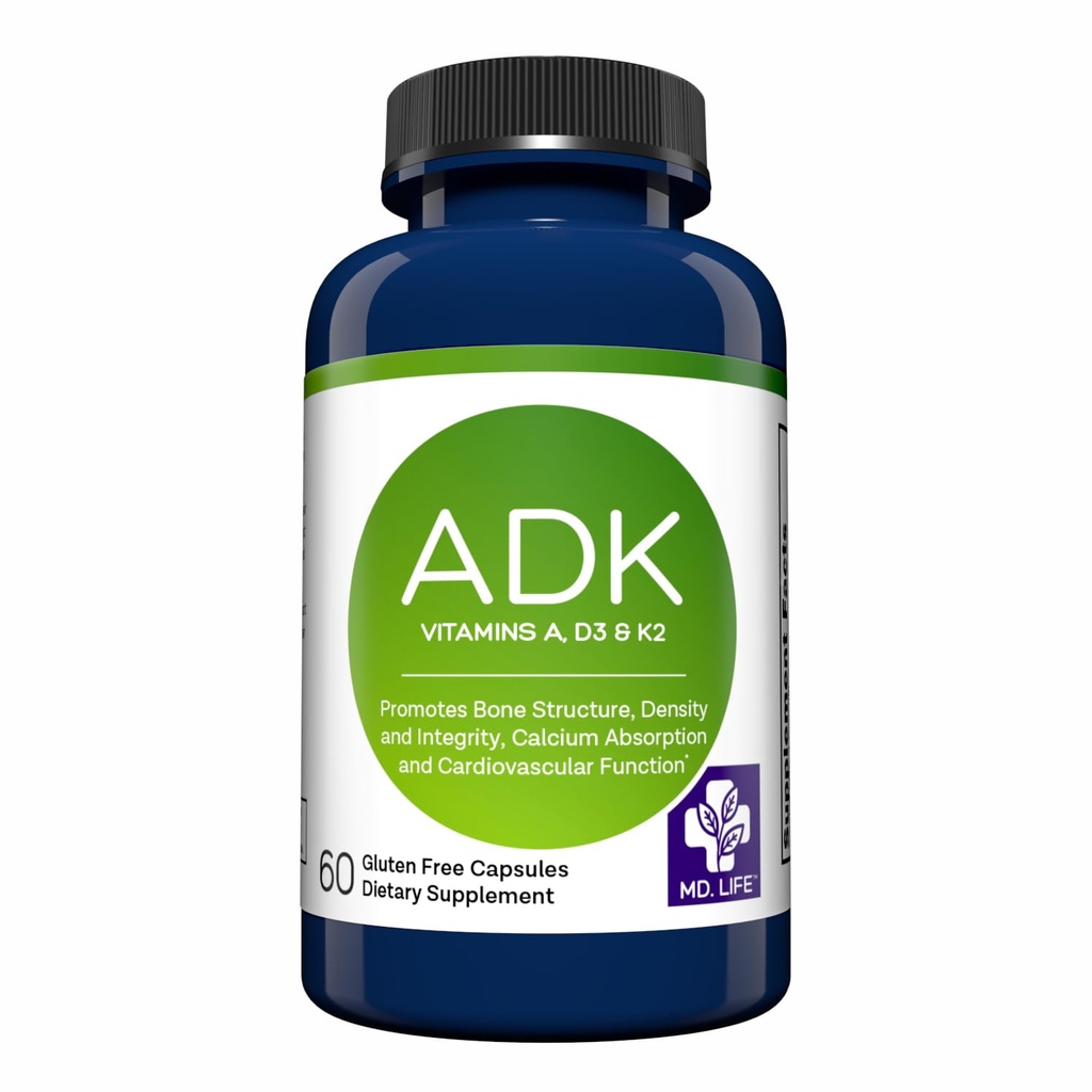 MD.LIFE ADK Vitamin Supplement – Vitamin D3 K2 und ein Komplex – 60 Kapseln – Hohe Potenz Vitamin ADK für Knochen und Herzgesundheit Unterstützung